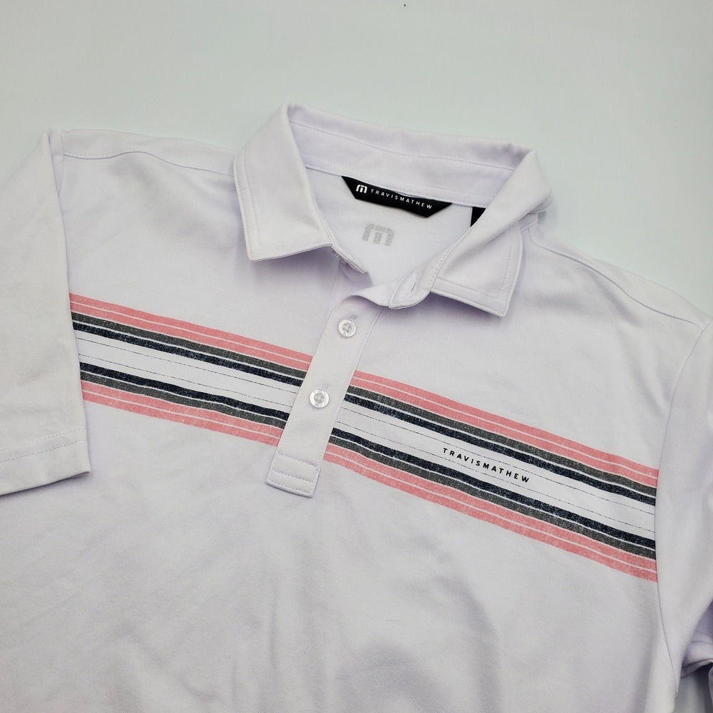 TravisMathew Mens L White Pink Striped Performance Golf Polo Shirt Short Sleeve